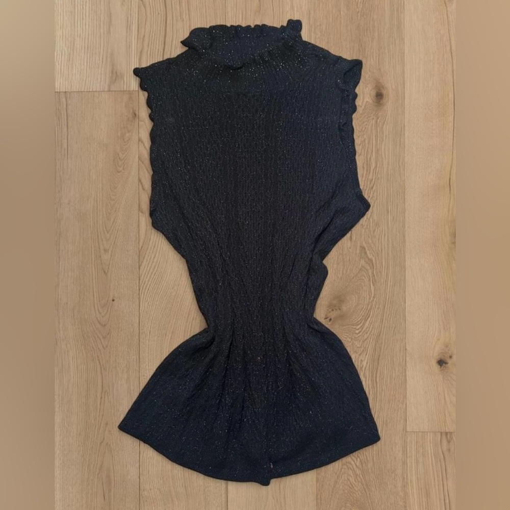 Worthington Black Metallic Ruffle Mock Neck Sleeveless Top